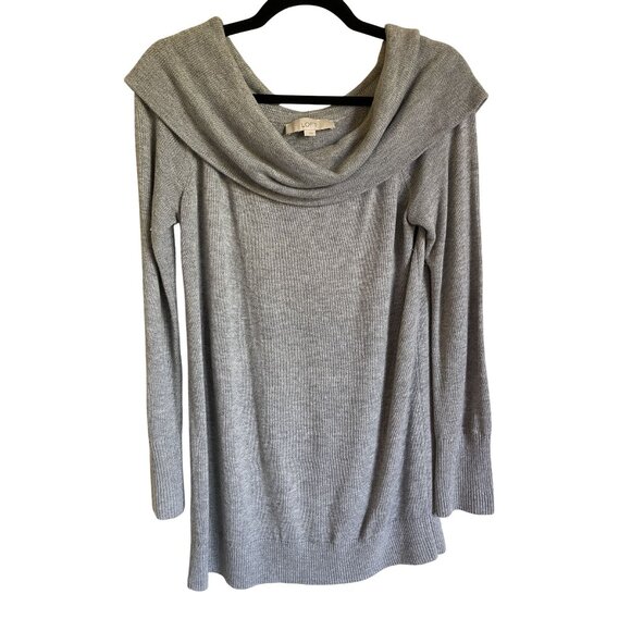 LOFT Size 12 Gray Cowl Neck Pullover Sweater Tunic Length Acrylic Blend - Picture 1 of 6